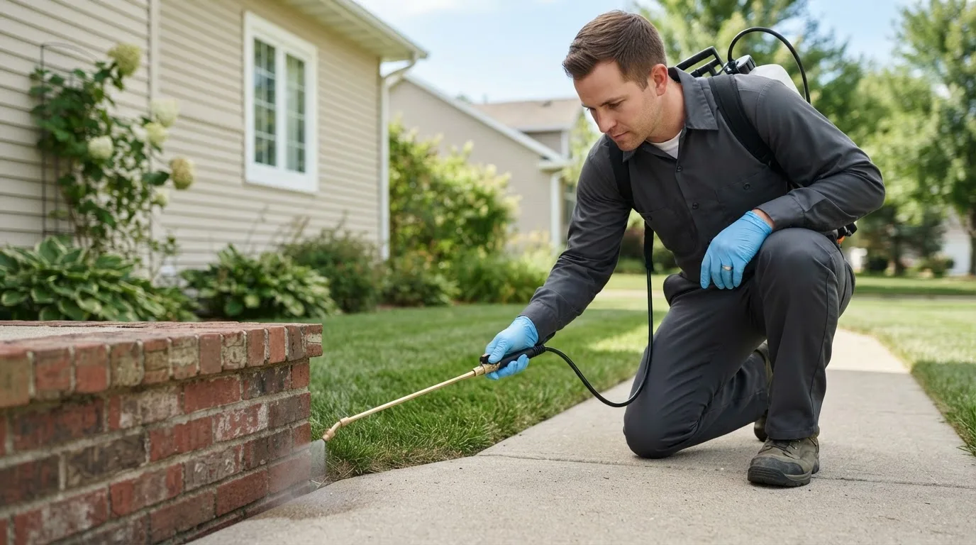 Pest control technician treating a home near Primm Springs, TN